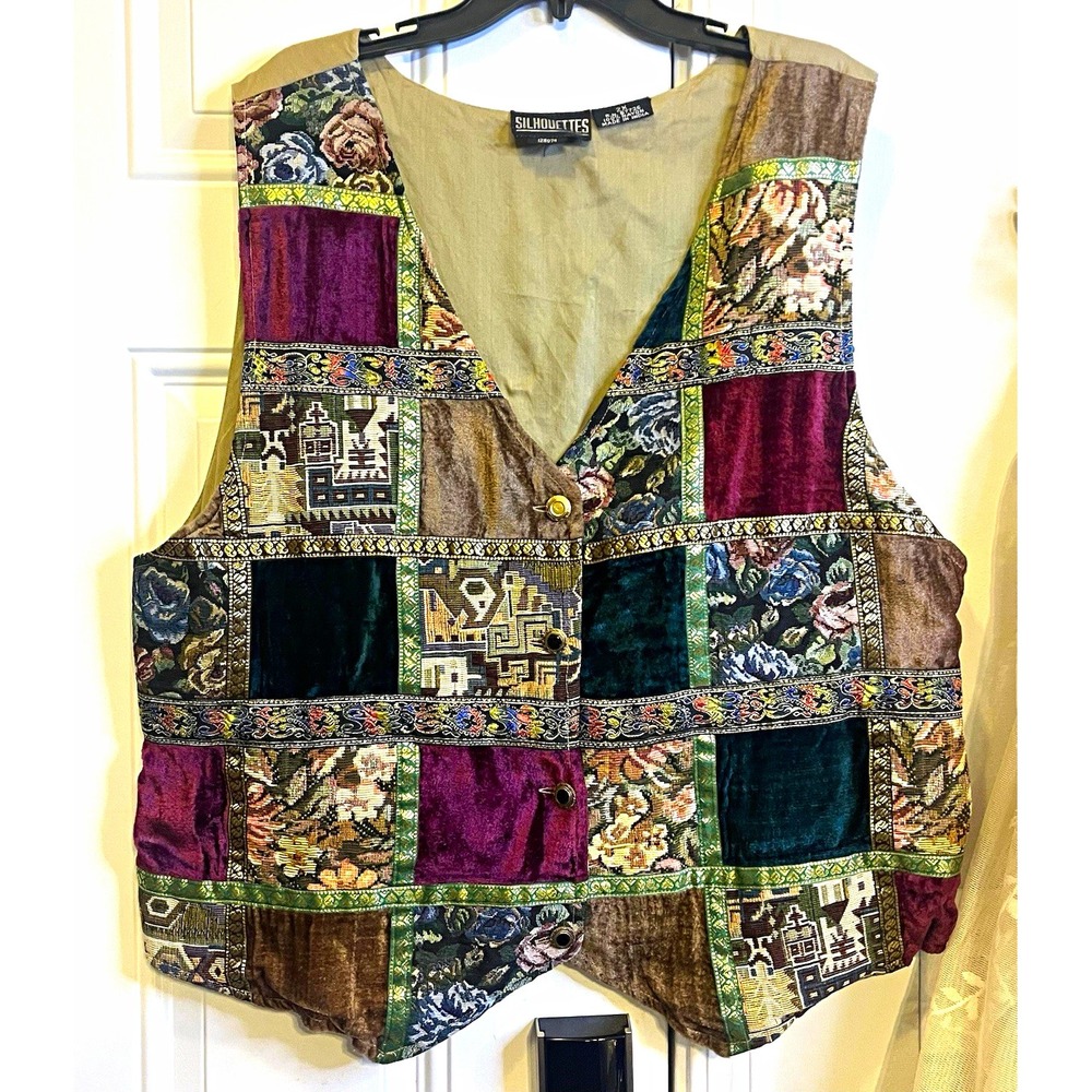 VTG 90s Silhouettes Tapestry Patchwork Vest Plus Size 2X Velvet Brocade Boho